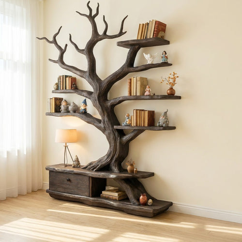 Sculptural Hand-Carved Tree Solid Wood Bookshelf & Branch Wall Display Unit with Integrated Credenza Storage Base