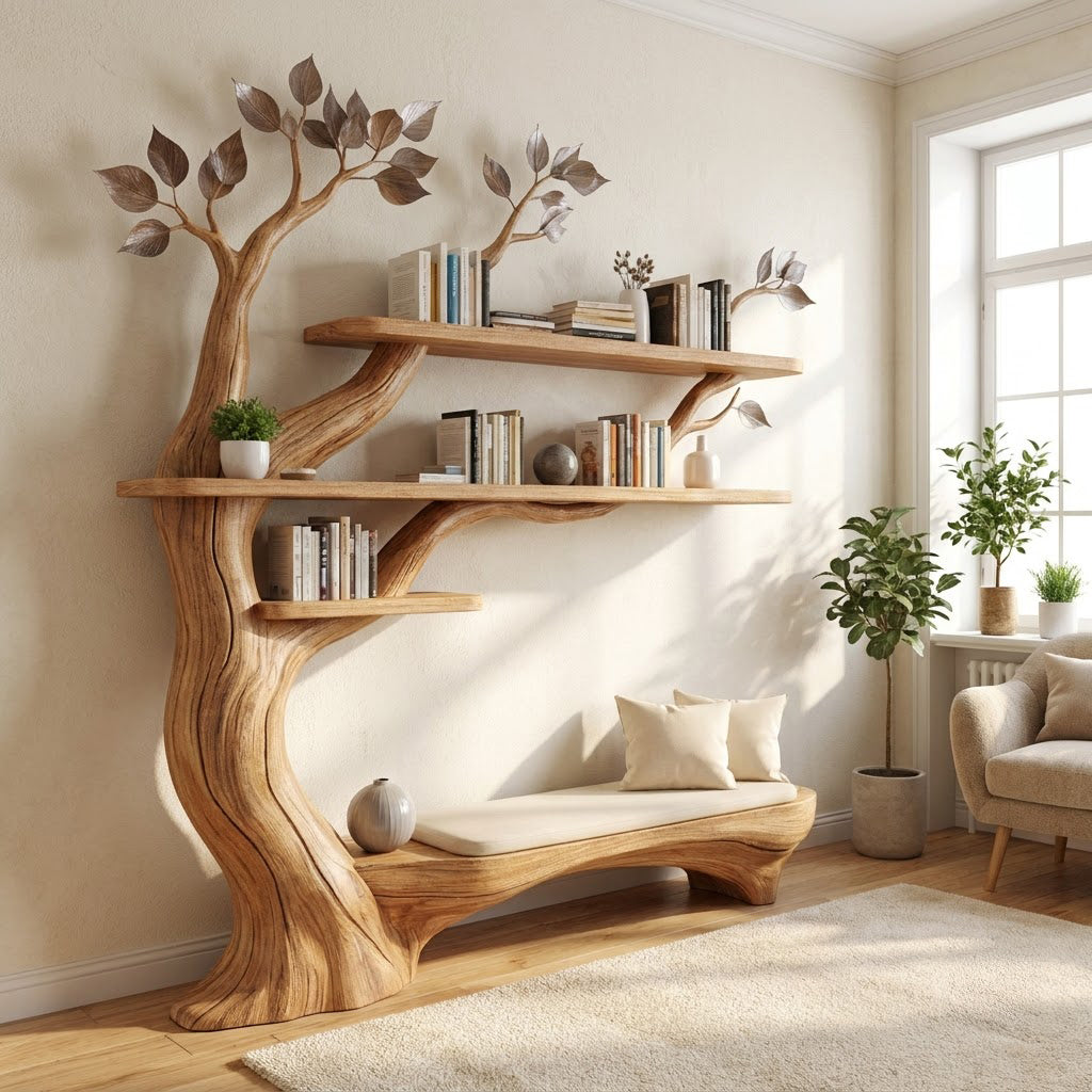 Hand-carved branch wall display unit in solid wood