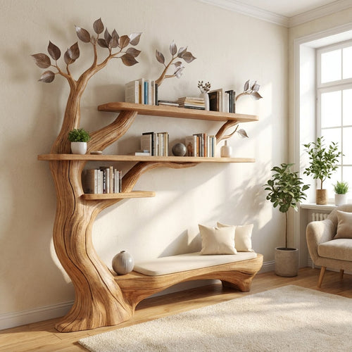 Sculptural Hand-Carved Tree Solid Wood Bookshelf & Branch Wall Display Unit with Integrated Low Reading Bench