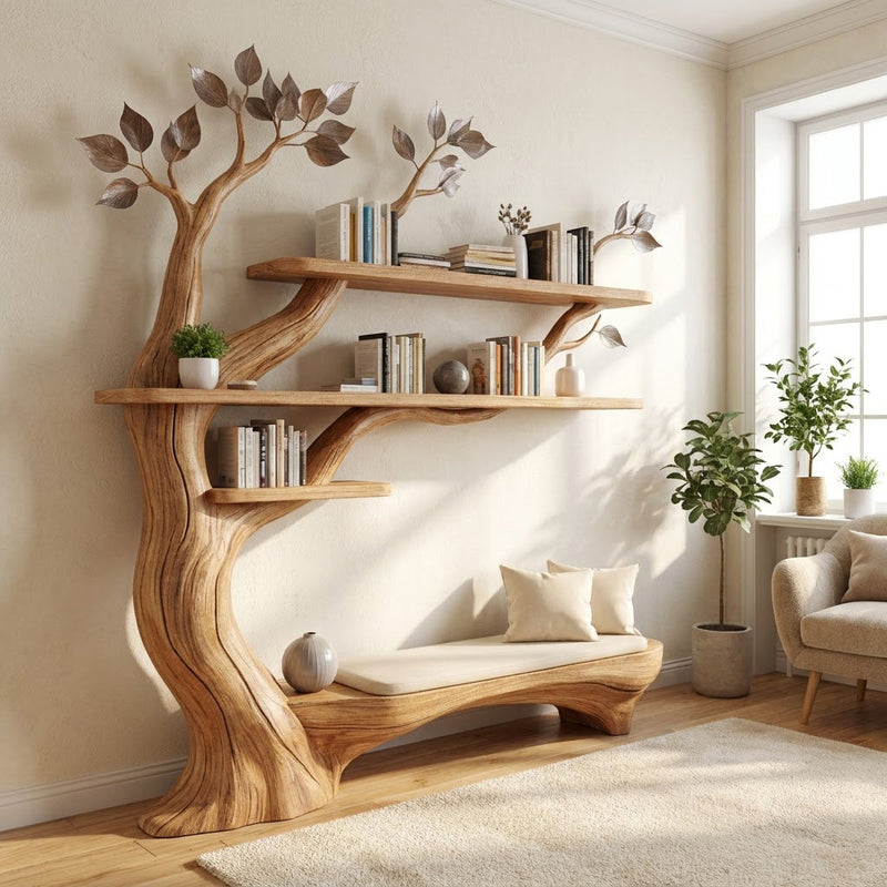 Hand-carved branch wall display unit in solid wood