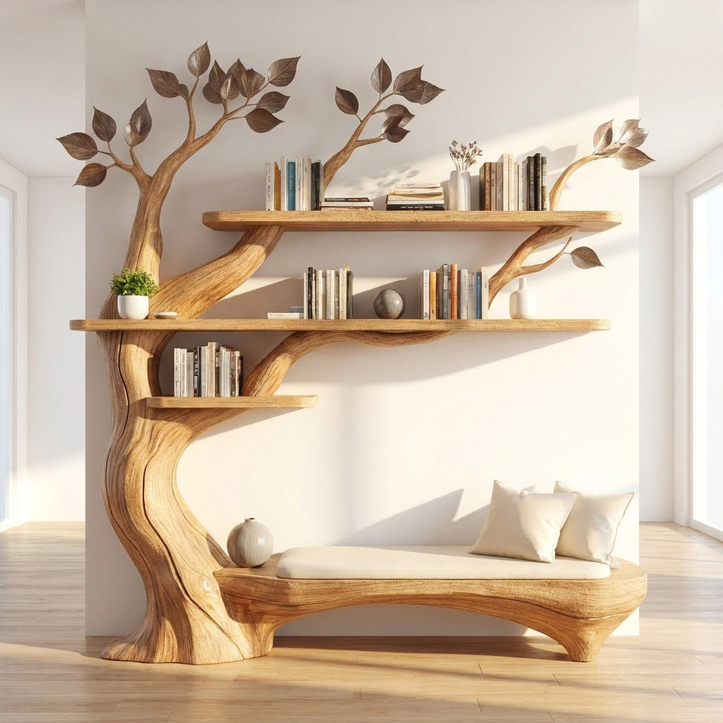 Sculptural solid wood tree bookshelf with low reading bench in a contemporary living room