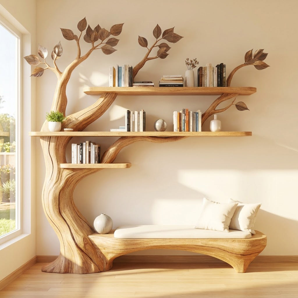 Organic solid wood tree bookshelf with low seating bench in a minimalist home office