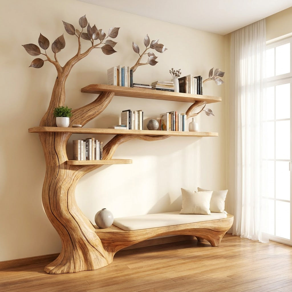 Artistic solid wood branch bookshelf and reading bench enhancing a contemporary living space