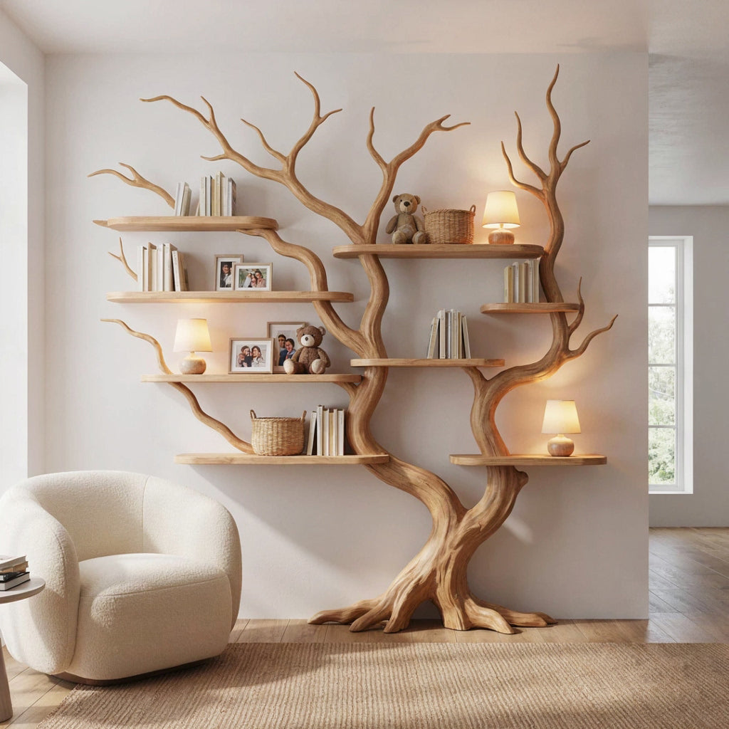 Hand-carved branch wall display unit in solid wood