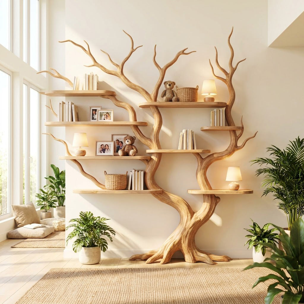 Sculptural solid wood tree bookshelf in a contemporary living room