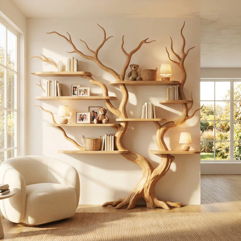 Hand-carved solid wood branch wall display unit in a modern reading nook