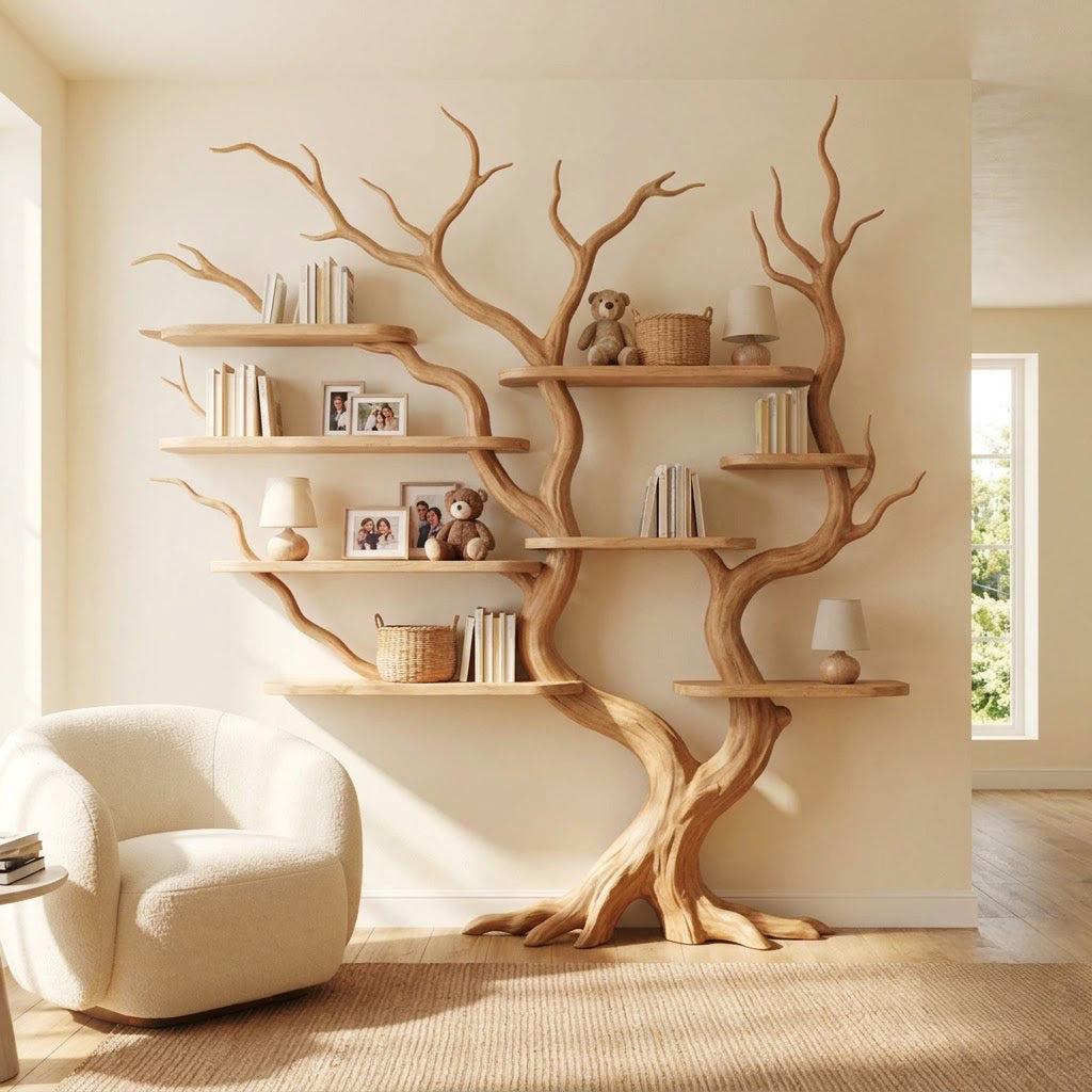 Sculptural solid wood tree bookshelf showcased in an elegant home interior