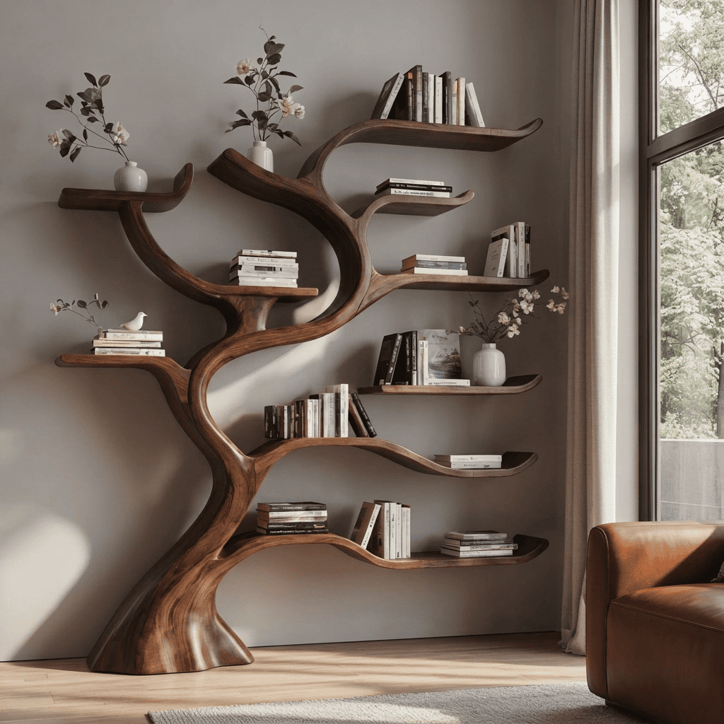 Sculptural hand-carved tree bookshelf in solid wood