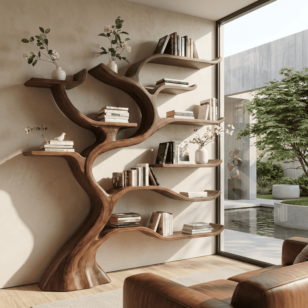 Hand-carved solid wood tree bookshelf styled with books in a cozy reading nook