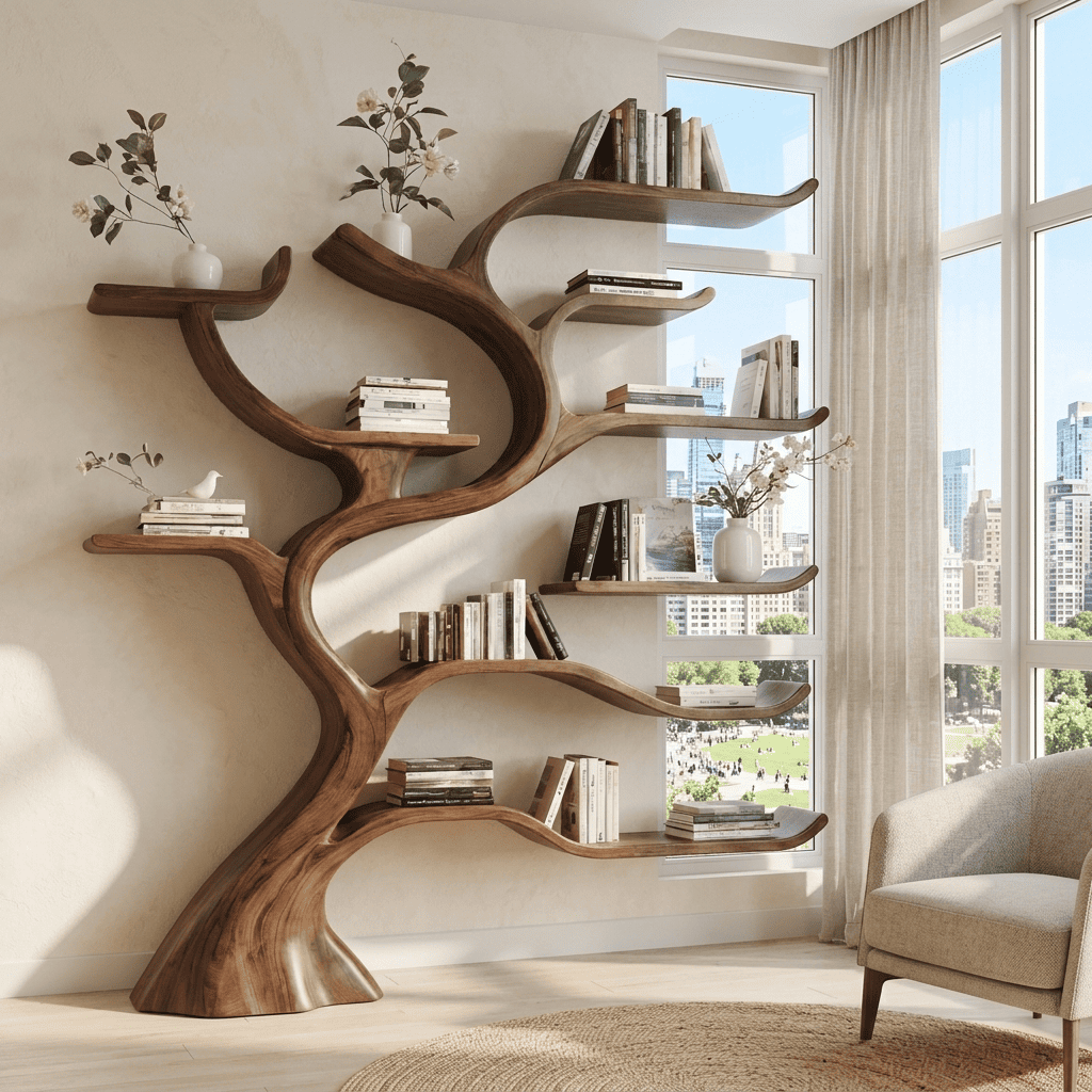 Artisanal solid timber tree-shaped wall shelf creating a focal point in an elegant study room