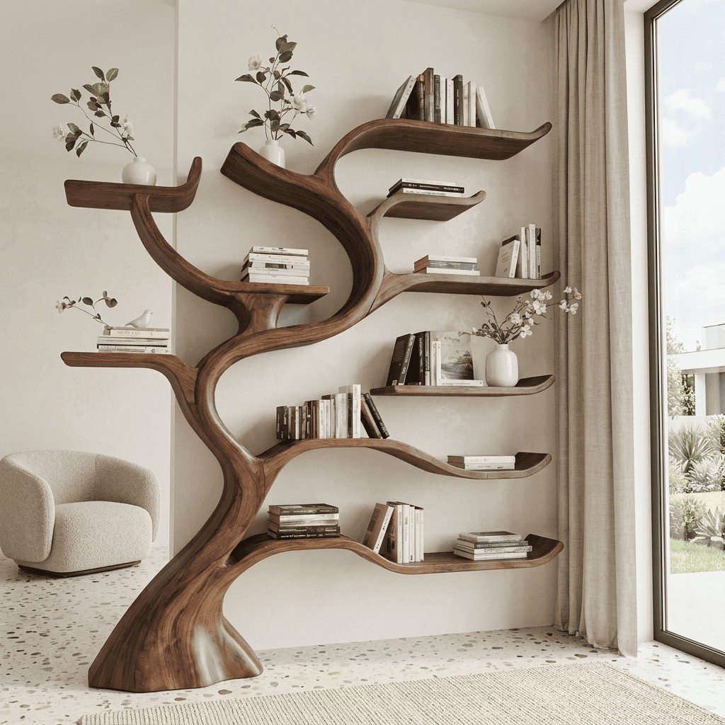 Sculptural natural wood branch wall unit for a modern living room feature wall