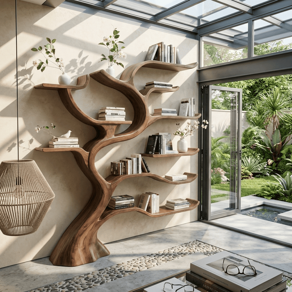 Hand-carved solid wood tree bookshelf styled with books in a cozy living room