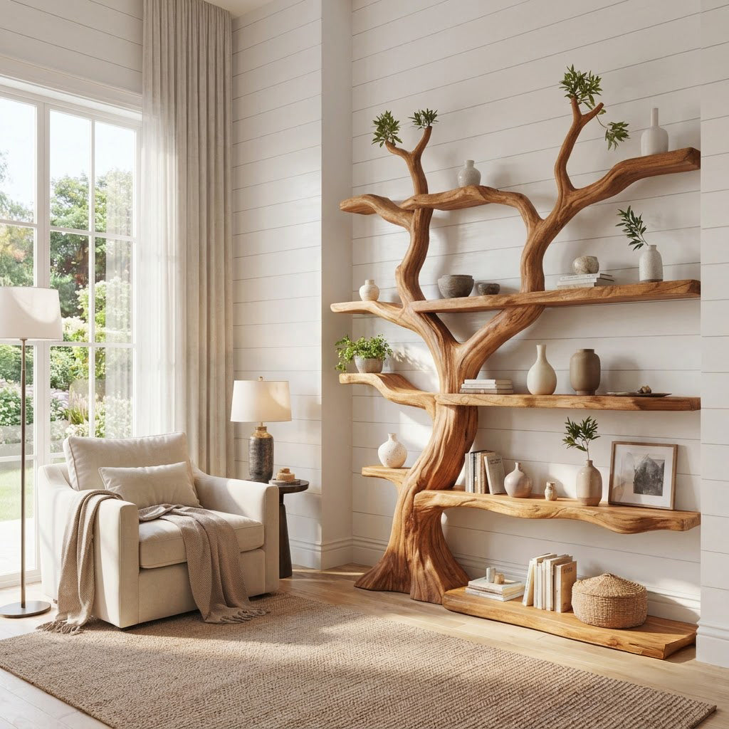 Hand-carved live-edge bookshelf in solid wood