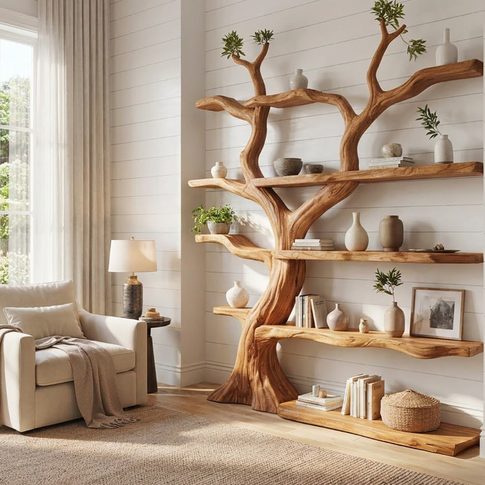 Sculptural Hand-Carved Tree Solid Wood Bookshelf with Organic Live-Edge Floating Shelves
