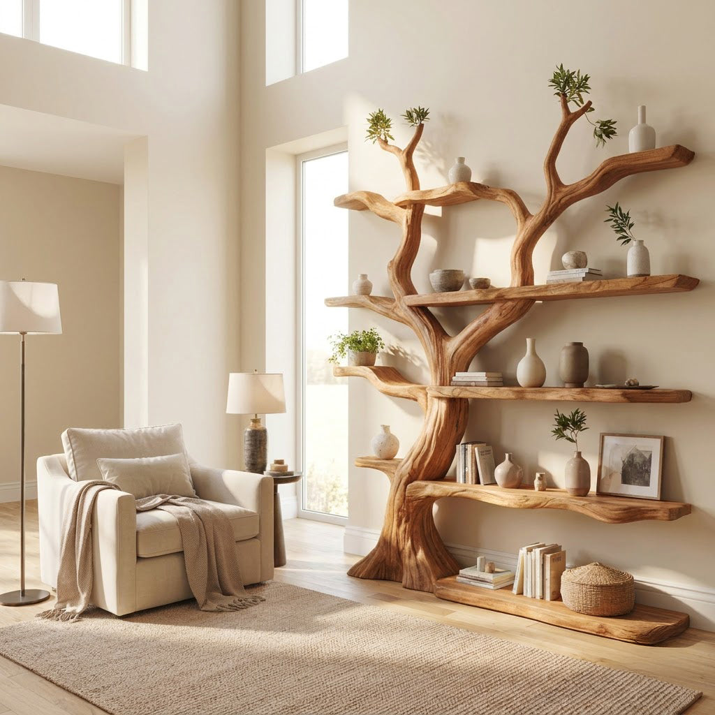 Hand-carved solid wood bookshelf styled with organic floating shelves in a modern reading nook