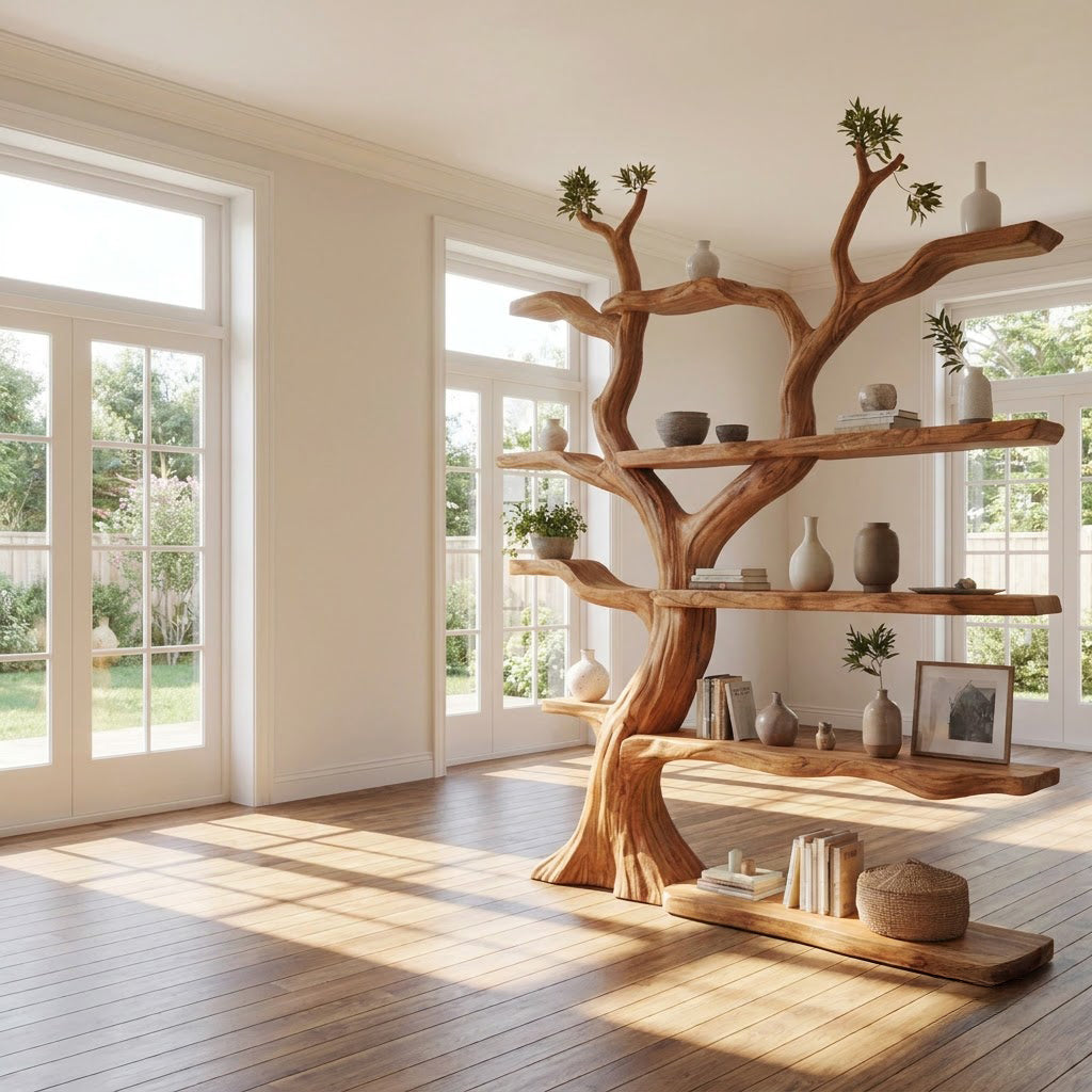 Sculptural solid wood bookshelf showcased with organic floating shelves in an elegant home interior