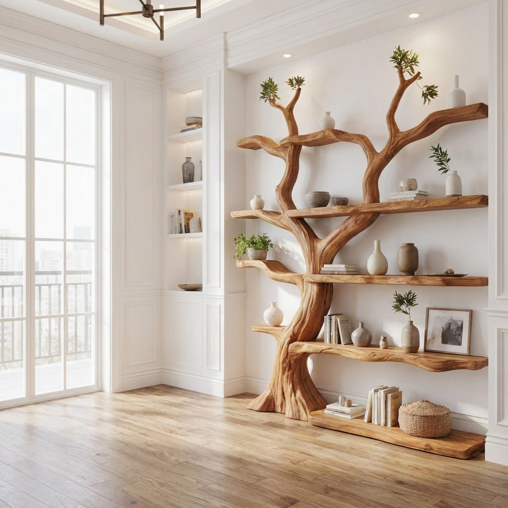 Organic solid wood tree bookshelf displayed in a minimalist home office