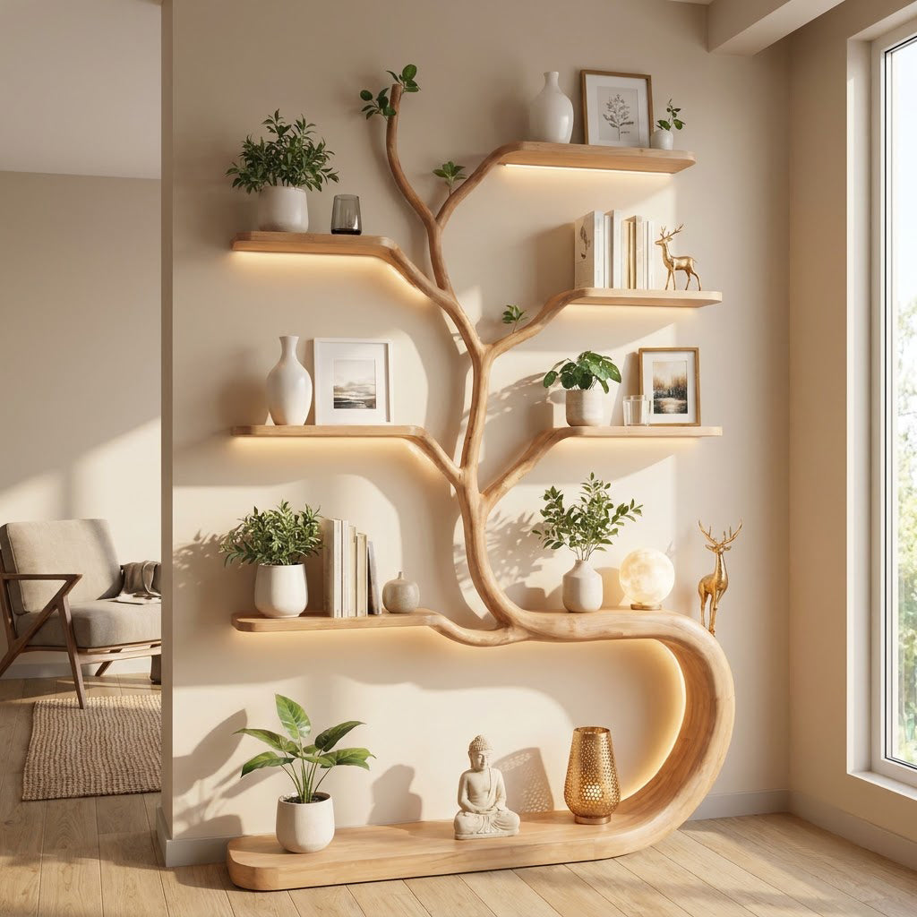 Hand-carved ribbon base bookshelf in solid wood