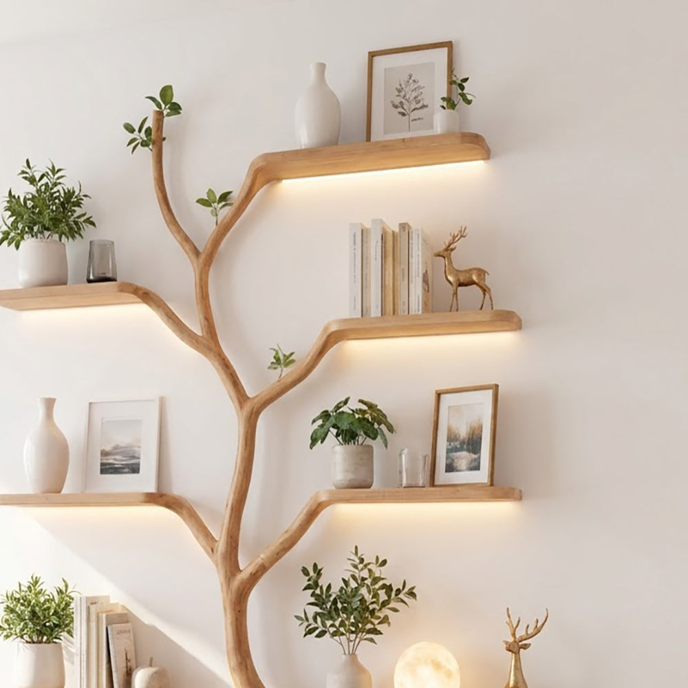 Hand-carved solid wood tree bookshelf with integrated ambient lighting in a modern reading nook