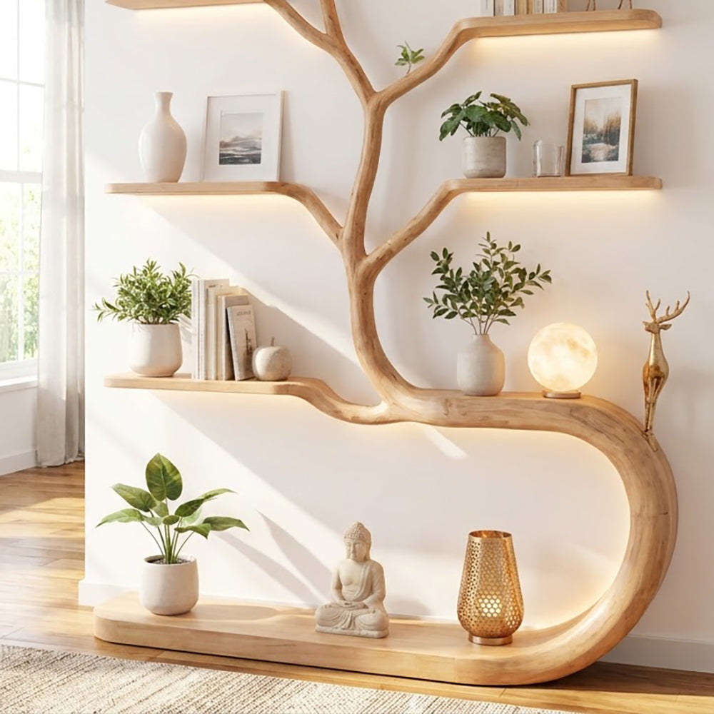 Sculptural solid wood bookshelf with sinuous base showcased in an elegant home interior
