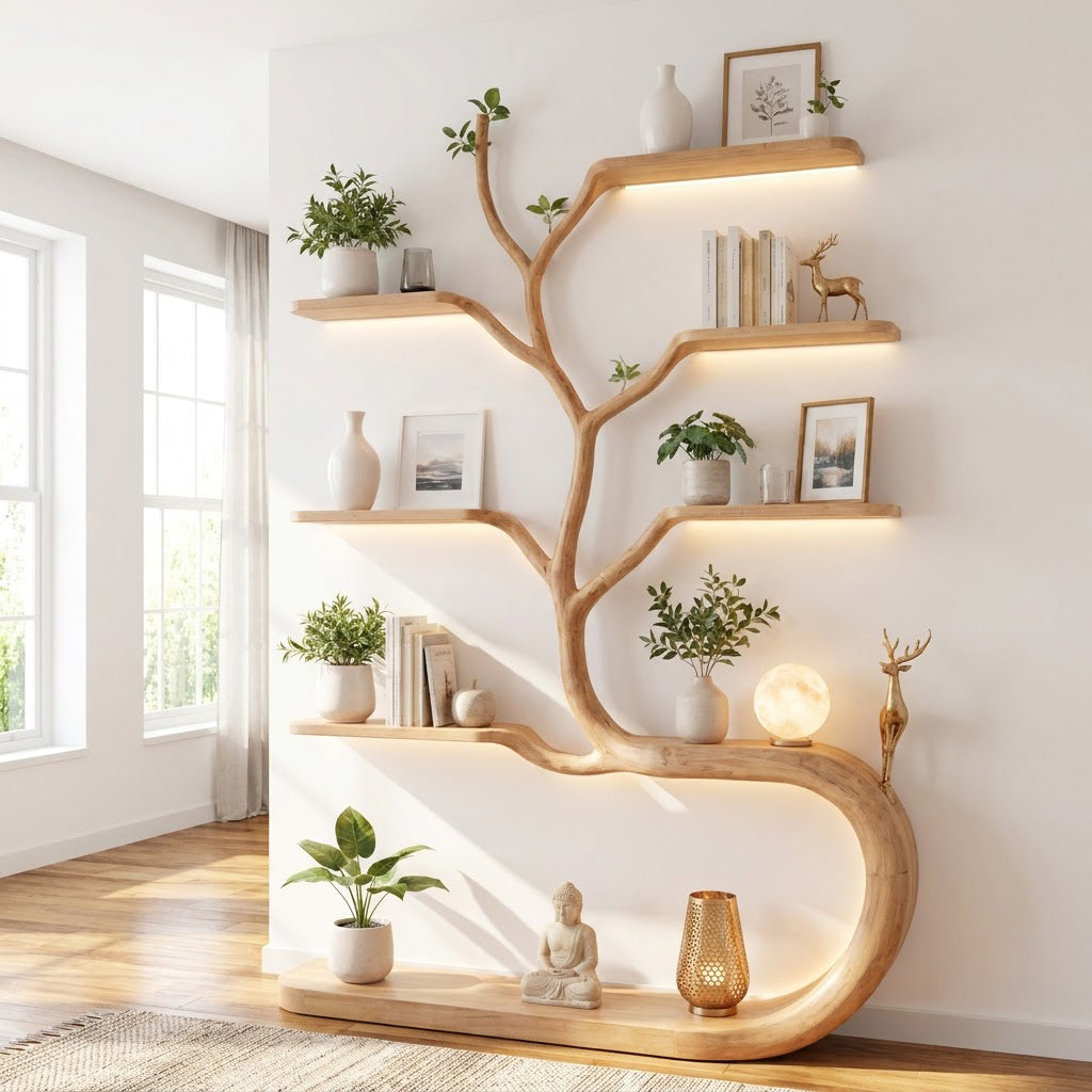 Hand-carved solid wood tree bookshelf with integrated ambient lighting in a modern reading nook