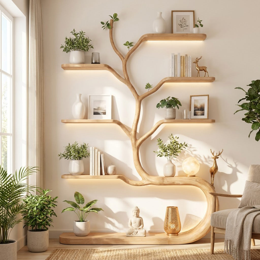 Organic solid wood bookshelf with ribbon base displayed in a minimalist home office