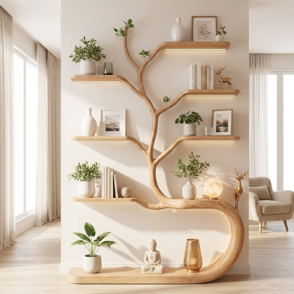 Artistic solid wood tree bookshelf with ambient lighting enhancing a contemporary living space