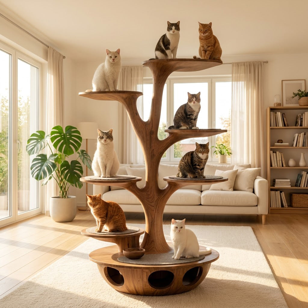 Sculptural solid wood cat tower with a tunnel condo base in a modern home