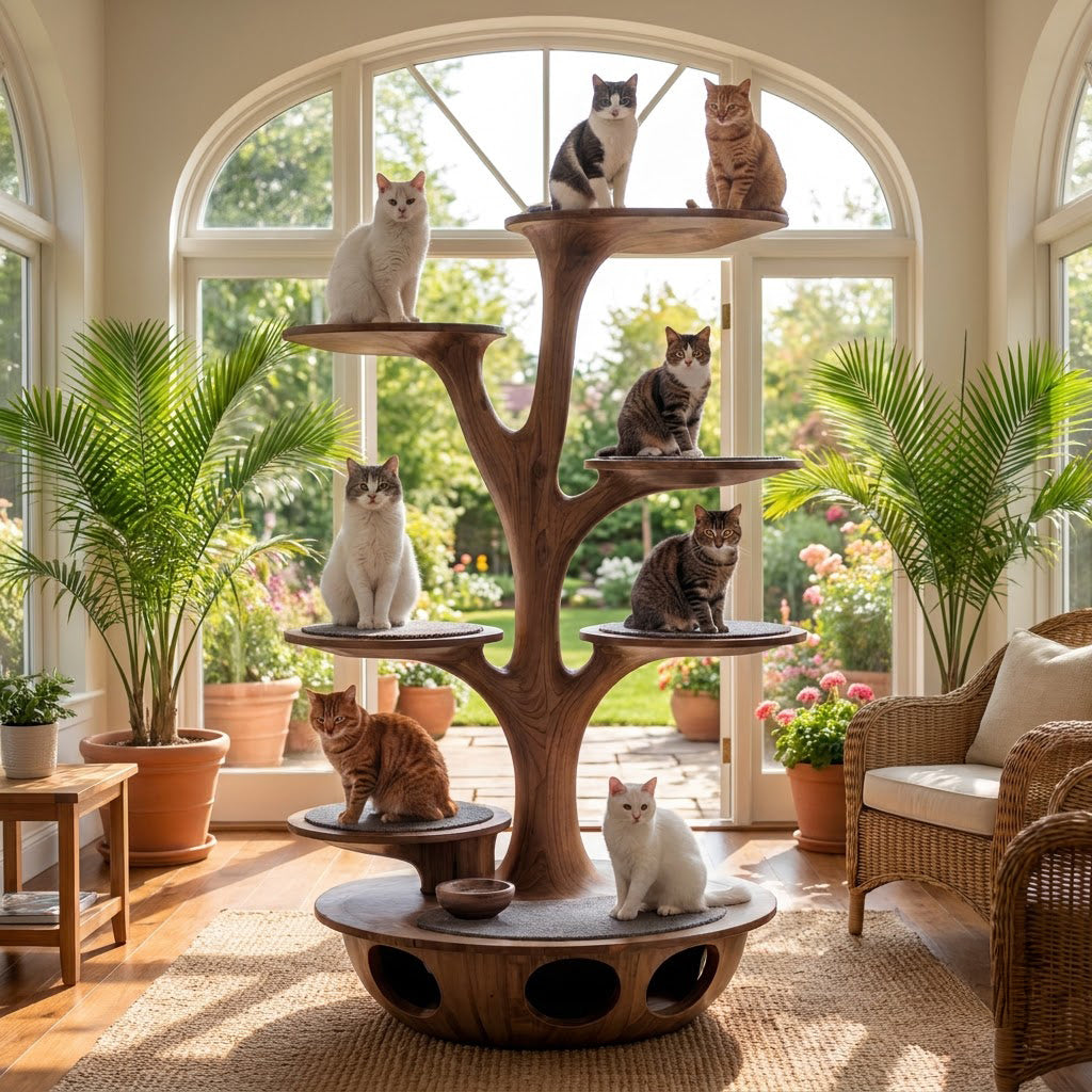 Hand-carved solid wood feline climbing tree styled in a contemporary living space