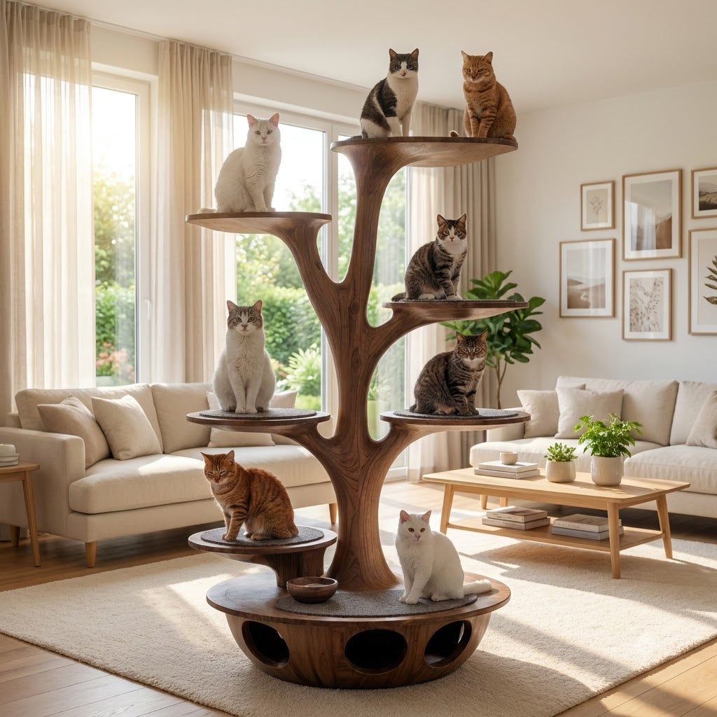 Organic solid wood multi-tier cat tower displayed in a stylish pet-friendly interior