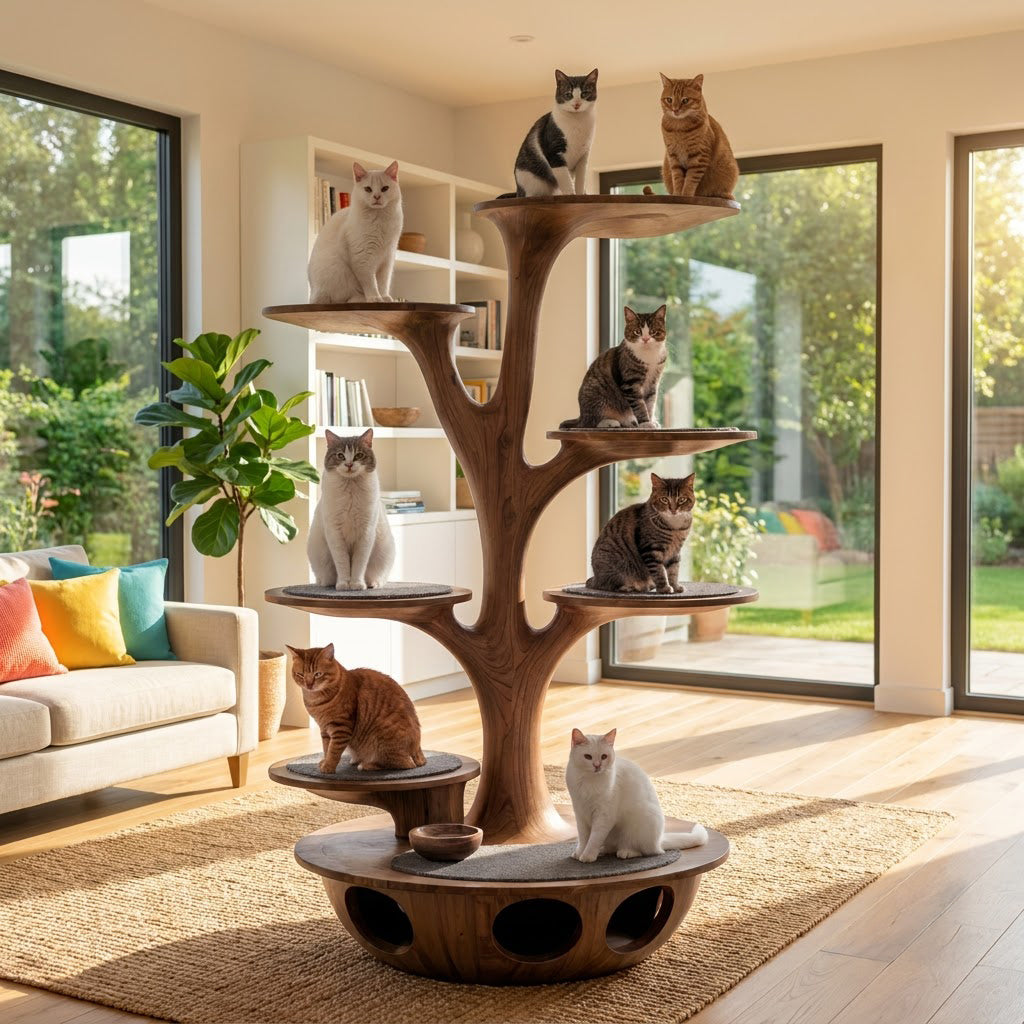Sculptural solid wood feline tower showcased in an elegant contemporary interior