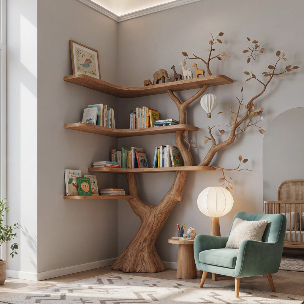 Organic corner bookshelf crafted from solid wood