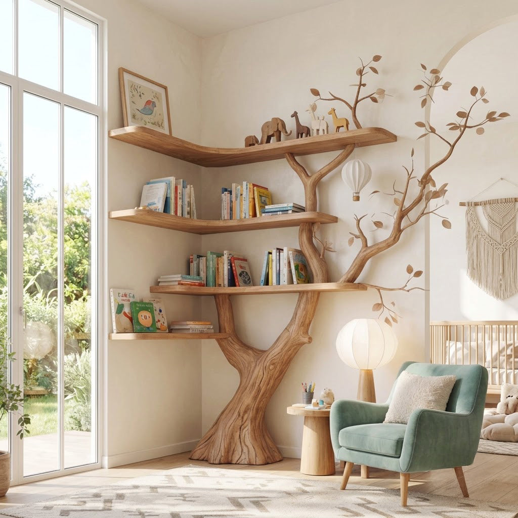 Hand-carved solid wood branch display unit styled in a modern reading nook