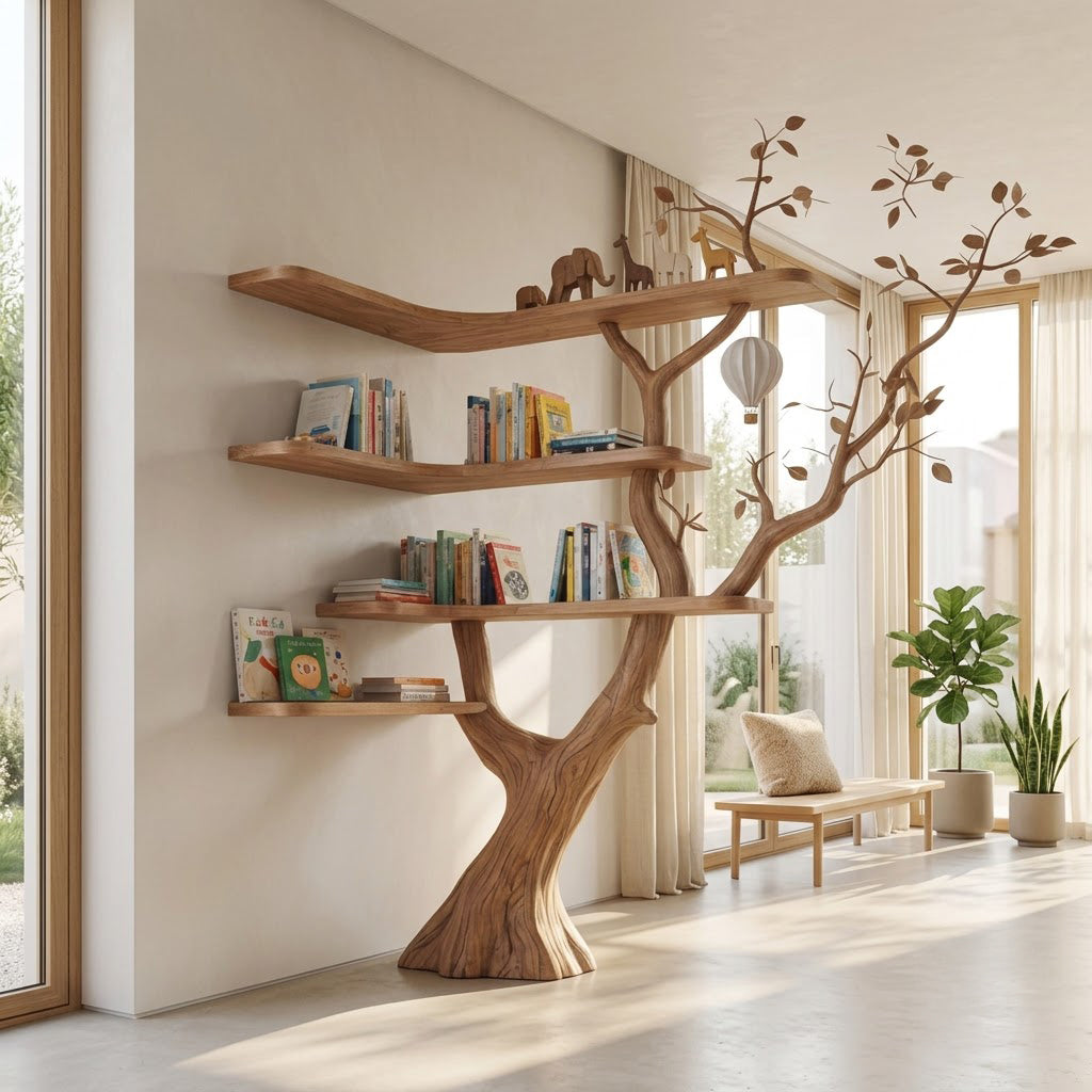 Artistic solid wood tree bookshelf enhancing a contemporary living space