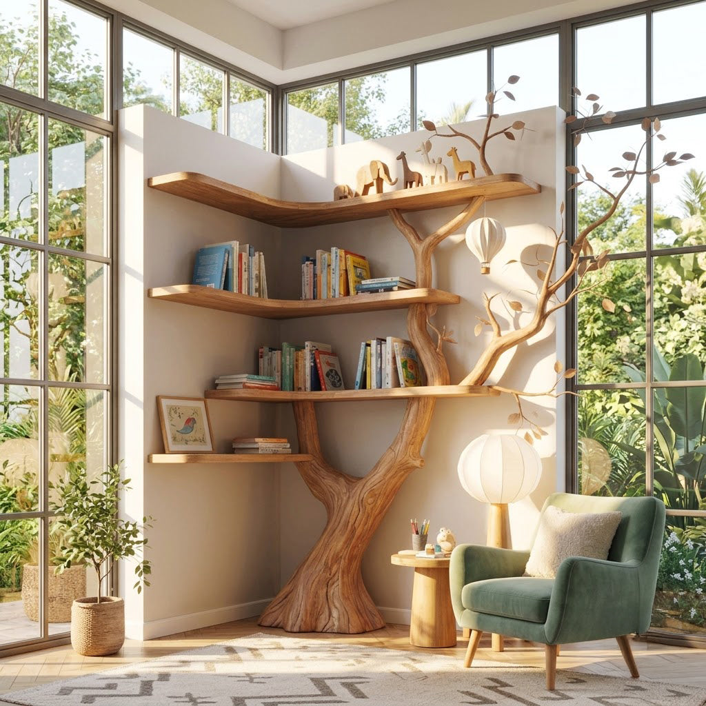 Organic solid wood corner bookshelf displayed in a minimalist reading nook