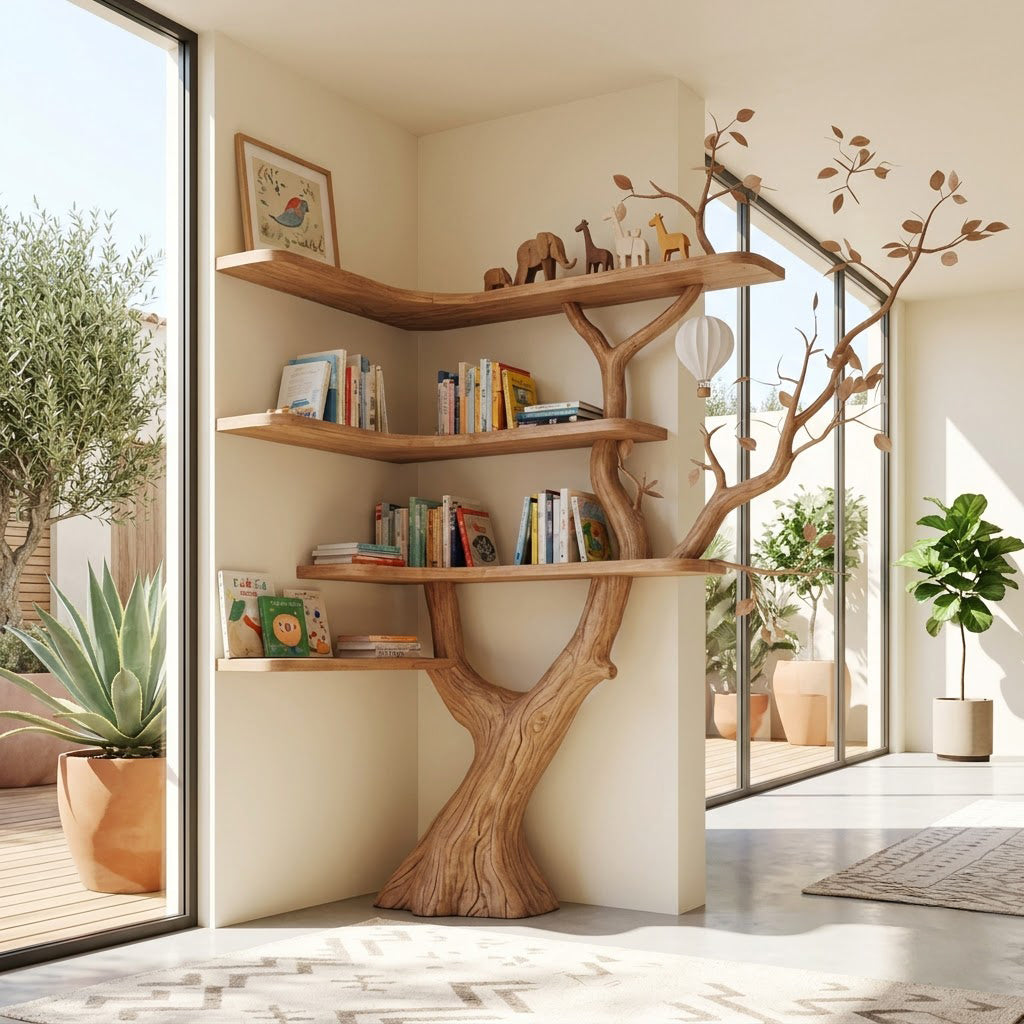 Organic solid wood corner bookshelf displayed in a minimalist home office
