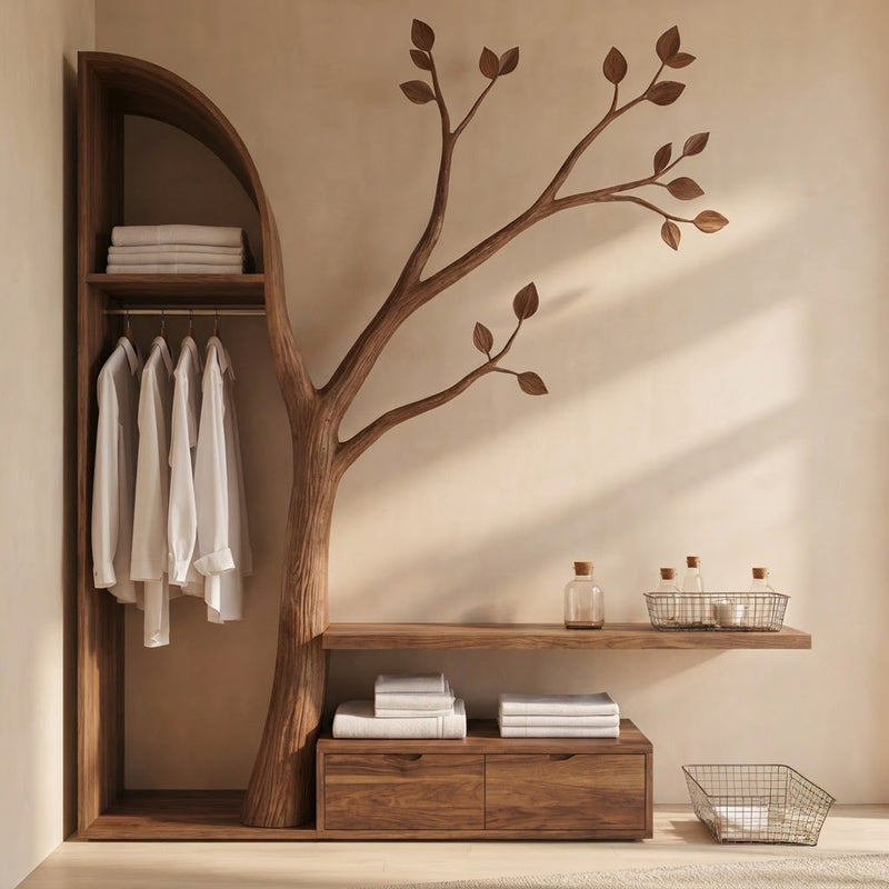 Hand-carved branch storage bench in solid wood