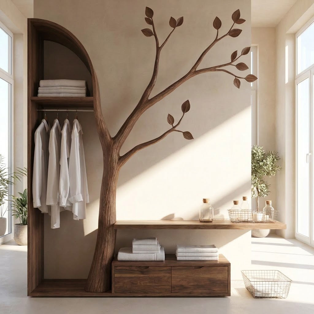 Hand-carved solid wood branch storage bench styled in a modern entryway