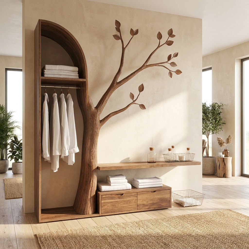 Sculptural solid wood wardrobe and storage bench showcased in an elegant home interior