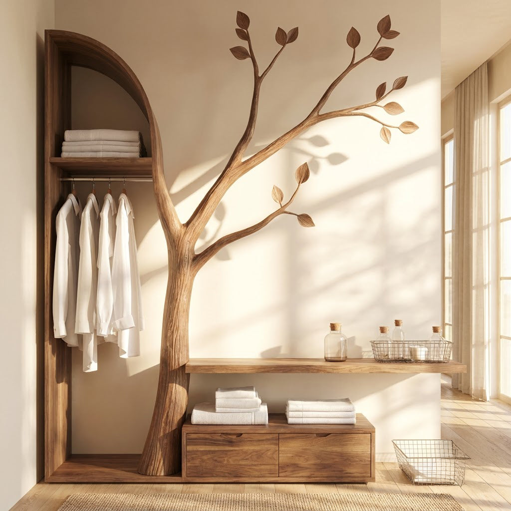Artistic solid wood branch wardrobe system enhancing a contemporary bedroom interior