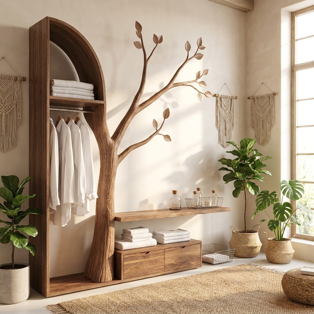 Organic solid wood tree wardrobe with open storage in a minimalist dressing room