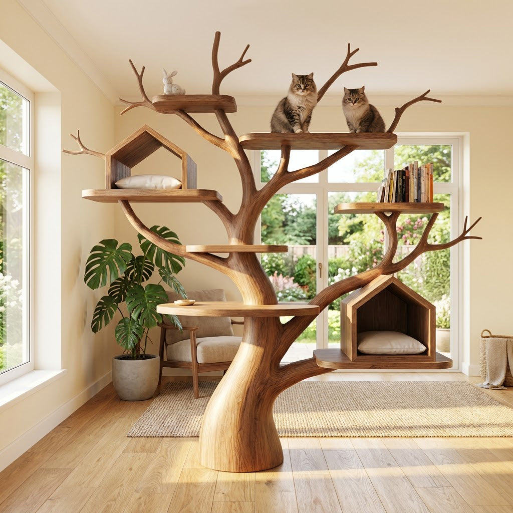 Sculptural solid wood wall-mounted cat tower with dual house condos in a modern home