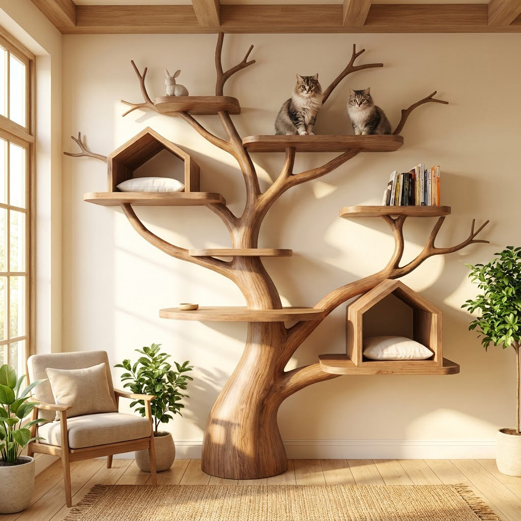Hand-carved solid wood tree cat climbing tower styled in a contemporary living space