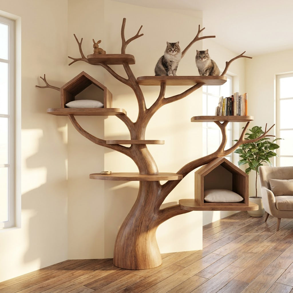 Artistic solid wood cat climbing tower with dual condos enhancing a modern home