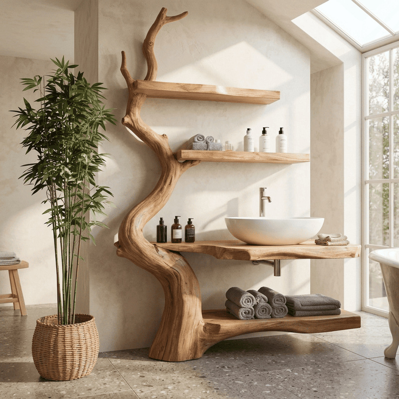 Sculptural tree trunk bathroom vanity crafted from solid wood with multi-tier branch shelves