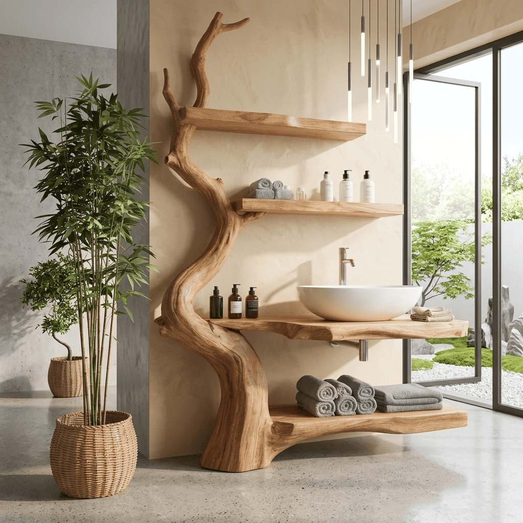 Sculptural hand-carved solid wood tree trunk bathroom vanity with multi-tier branch shelves for modern bathrooms