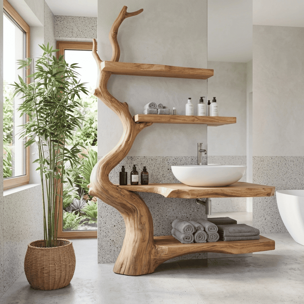 Hand-carved solid wood bathroom vanity with tree trunk design and multi-tier branch shelves for contemporary interiors