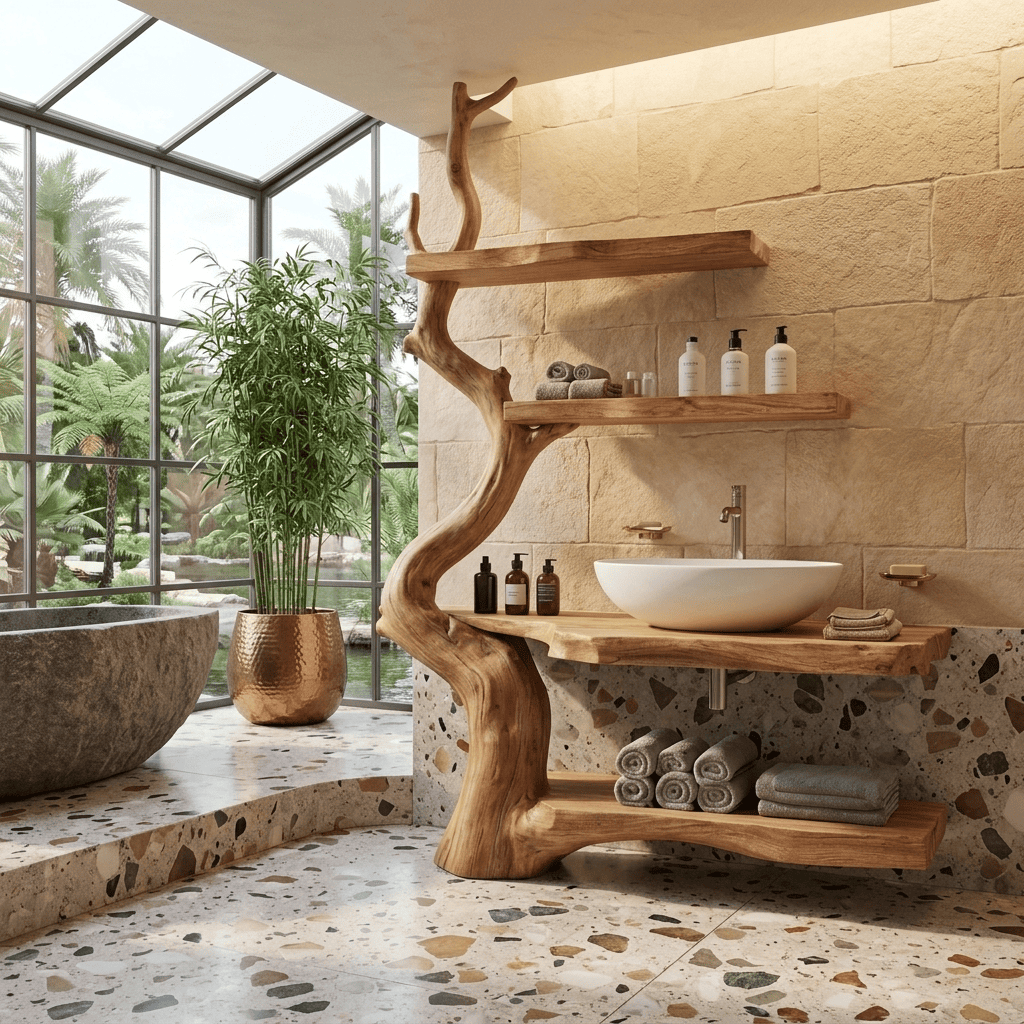 Sculptural solid wood bathroom vanity with organic branch shelving for stylish modern bathroom spaces