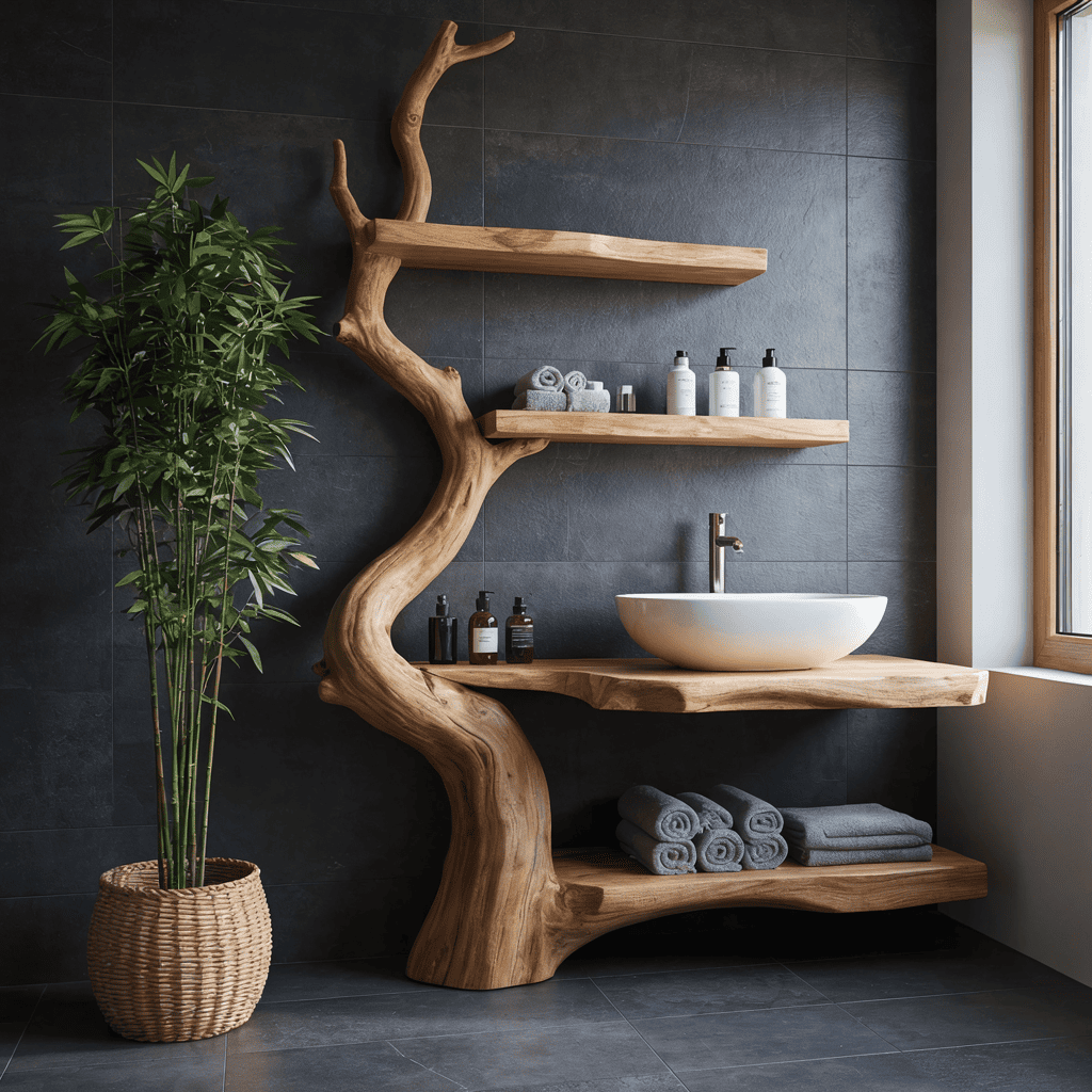 Tree trunk solid wood bathroom vanity with hand-carved multi-tier shelves for elegant bathroom interiors