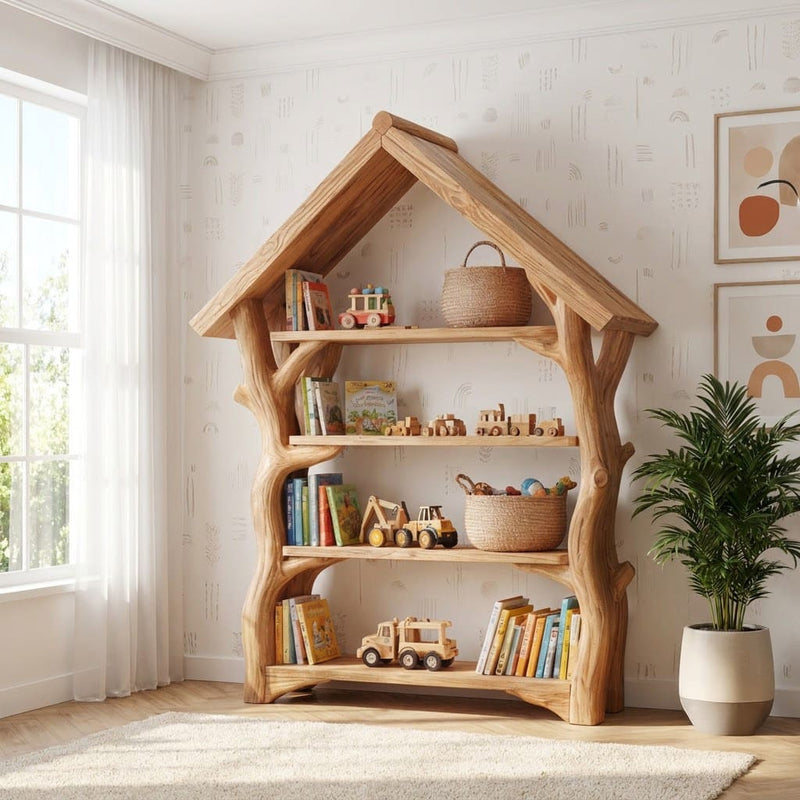 Sculptural kids bookshelf crafted from solid wood with a hand-carved treehouse design